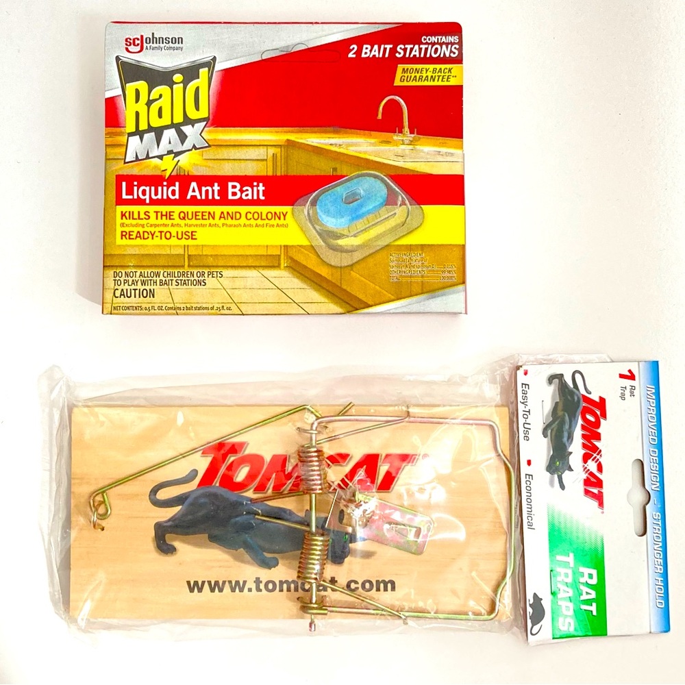 NEW Set of Home Essentials- 2 Liquid Ant Bait + 1 Reusable Tomcat Rat Mouse Trap